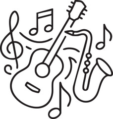 Naklejka premium Guitar Saxophone and Musical Notes Composition Vector Suitable for Jazz Festival Concert Branding and Event Promotion