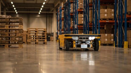 Naklejka premium Autonomous yellow robotic transport platform driving through a large industrial warehouse with high storage racks and wooden pallets.