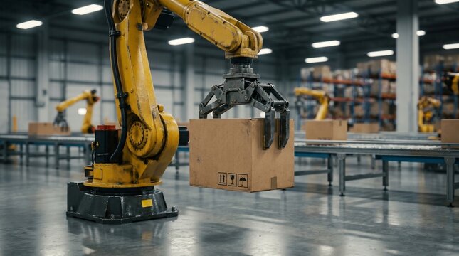 Industrial robotic arm with a mechanical claw lifting a cardboard box in a modern high-tech automated warehouse facility.