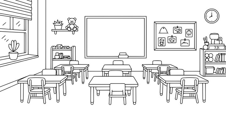 Classroom Interior Line Icon Set with Desks Chairs Windows Board Clock and Simple Educational Furniture Design