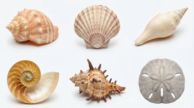 Collection of beautiful sea shells and sand dollar including nautilus, scallop, murex, and spindle conch isolated on white background. Realistic variety of marine life specimens and ocean treasures.