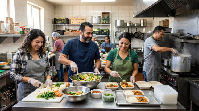 Community volunteers cooking together in kitchen for charity event, engaging in teamwork and meal preparation with fresh ingredients