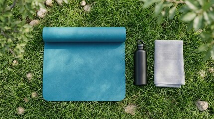 Outdoor fitness scene with yoga mat, water bottle, and towel on grass