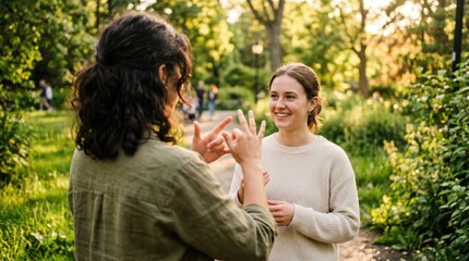 Fototapeta premium Woman communicating with another woman using sign language in park. Deaf person expression and nonverbal conversation. Inclusive social interaction and active lifestyle outdoor concept.