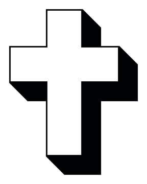 Christian cross icon, black and white vector silhouette illustration of thick religious Latin cross shape, isolated