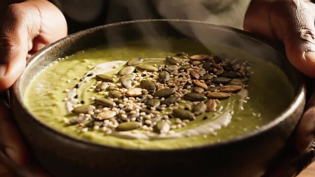 Hands holding a warm bowl of green vegetable soup.