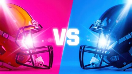 Fototapeta premium American football game match background featuring orange versus blue helmet designs on vibrant pink and cyan split backdrop with cinematic lens flare and glowing vs text symbol in center of frame.