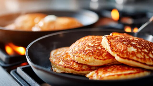 Cooking pancakes in a pan on the stove for breakfast in the kitchen Generative AI