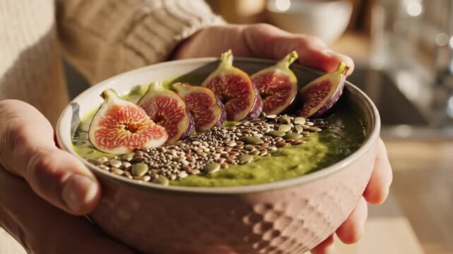 Hands holding healthy green smoothie bowl with figs in kitchen