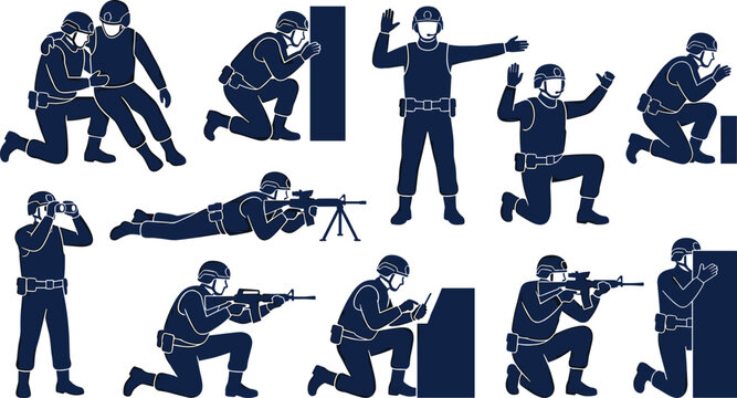 Military Tactical Soldier Pose Collection with Combat Operations, Armed Forces Actions, and Security Training Silhouette Vector Illustrations