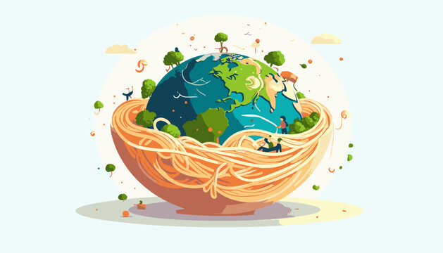 The Earth sits in a bowl of pasta, with tiny people and trees on its surface