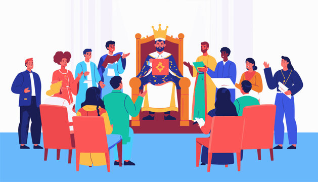 Diverse people gathered around a regal figure seated on a throne