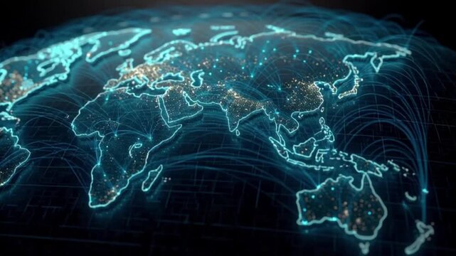 Dynamic digital world map illustrating global network connections, illuminated cities, data flow, and modern communication systems worldwide