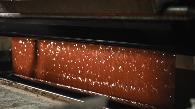 Industrial Resin Coating Closeup. Chemical Resin Bath Saturates Paper During Manufacturing Process