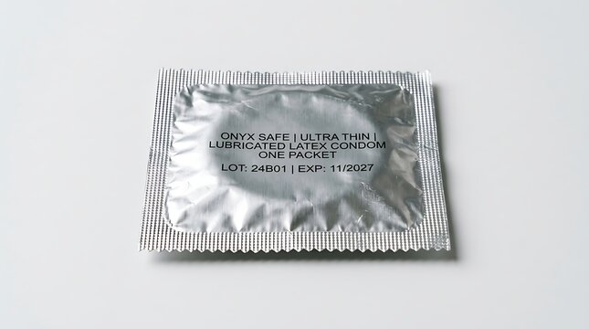 Unopened silver condom wrapper on clean white background with reflective light
