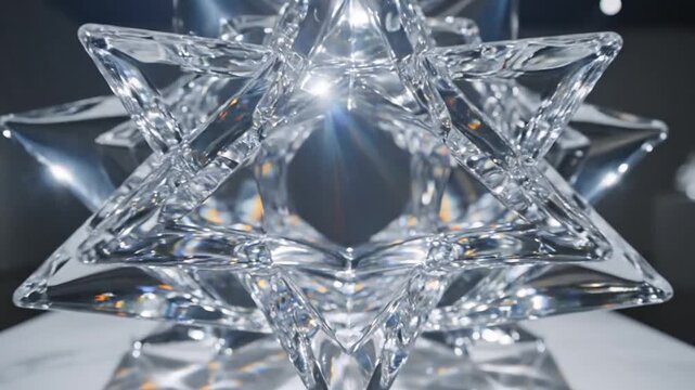 Modern geometric crystal sculpture on marble pedestal in gallery