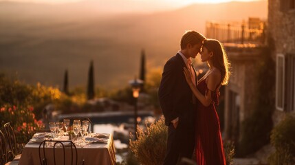 Obraz premium Romantic Evening Embrace: A couple shares an intimate embrace during a golden hour sunset, set against a picturesque backdrop of rolling hills and a charming villa, evoking a scene of pure romance.