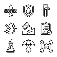 Water analysis and quality testing line icons set with analysis chemistry laboratory protection clipboard checkmark environmental research © Julhash