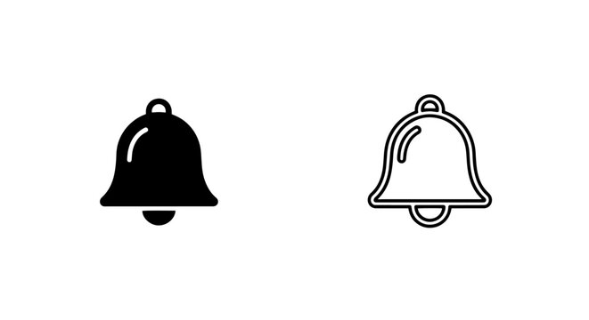 Bell icon with clapper, black and white, notification and alert symbols