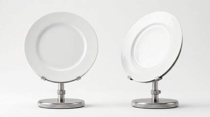White ceramic plate mockup set on metal exhibition stands isolated on white background. Realistic 3D render of round kitchen dishes for restaurant presentation, dinnerware display collection set. © Itx Musa