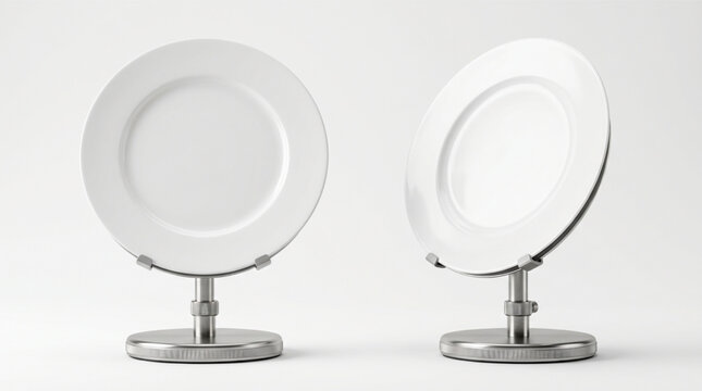 White ceramic plate mockup set on metal exhibition stands isolated on white background. Realistic 3D render of round kitchen dishes for restaurant presentation, dinnerware display collection set.