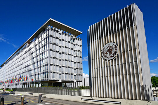 Geneva, Switzerland, Europe - 05.2026 : W.H.O. headquarters - building designed by Jean Tschumi and inaugurated in 1966, World Health Organization -  specialized agency of United Nations