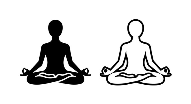 Person in meditation pose with mudra hands, black and white icon