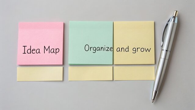 Colorful arrangement of sticky notes with handwritten messages highlighting concepts of idea mapping, organization, growth, and note-taking on a gray background
