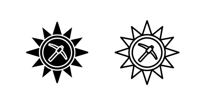 Bitcoin mining icon: pickaxe intersecting a starburst sun, symbolizing digital currency generation and financial technology.