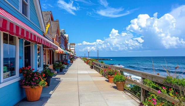 A charming seaside boardwalk lined with colorful shops, ice cream stands, flower pots, and ocean views
