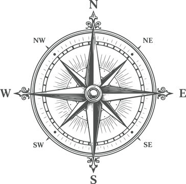 Vintage Compass Rose Navigation Engraving Vector Illustration