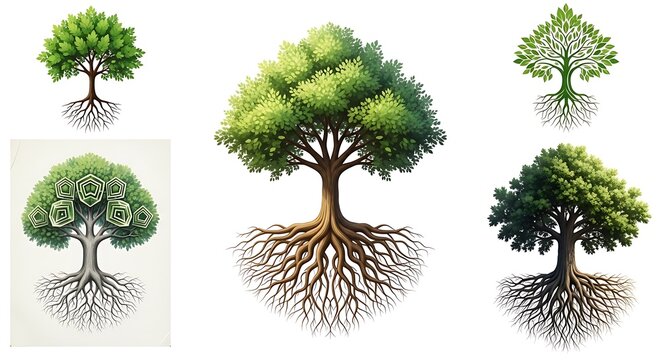 Illustrative tree growth stages with roots isolated on white background minimalist design