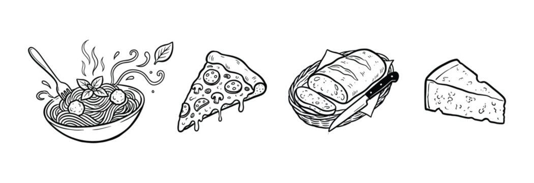 Italian food doodles set featuring pasta bowl pizza slice basket of bread and wedge of hard cheese.