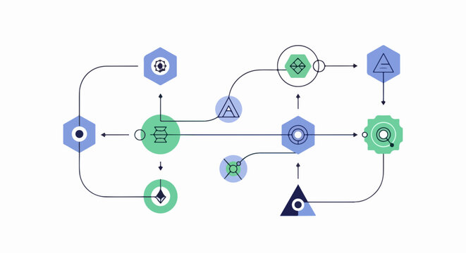 Modern abstract network diagram with interconnected geometric shapes and flow arrows in vibrant vector style. Colorful data visualization concept for business presentations and digital marketing.