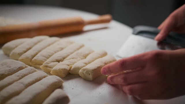Close-up of hands slicing dough into pieces on a white surface. Rolling pin and knife are nearby, ready for use. Fingers press gently as dough separates cleanly. Scene conveys calm focus, precision