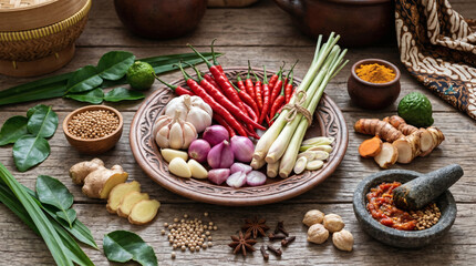 Fototapeta premium Fresh Indonesian herbs and spices displayed with traditional mortar and pestle in a rustic culinary setting.