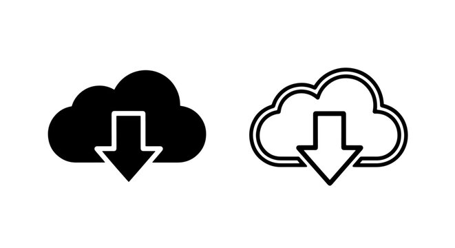 Cloud Download Icon Set in Black and White, Solid and Outline Vector for Data Storage and Internet Service