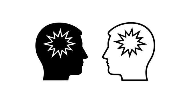 Heads with Exploding Starburst Icons Symbolizing Headache, Stress, or Creative Ideas