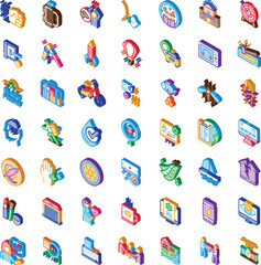 Obraz premium Collection of isometric icons illustrating modern business, finance, technology, marketing, lifestyle and services, depicting concepts like analytics, communication, innovation and teamwork