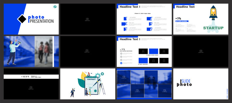 Presentation design template. PowerPoint, business project, photo, blue design on white background, set. Team of people create contract. Use in annual report, marketing advertising. Vector infographic