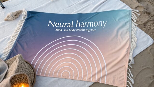 Cozy blanket on sandy beach during sunset promoting relaxation and mental wellness with inspiring text about neural harmony and mindful living