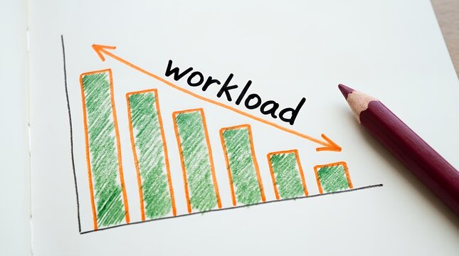 Hand drawn bar chart displaying a decreasing trend with a downward arrow and the word workload written above it on a paper page showing the concept of efficiency improvement in office life