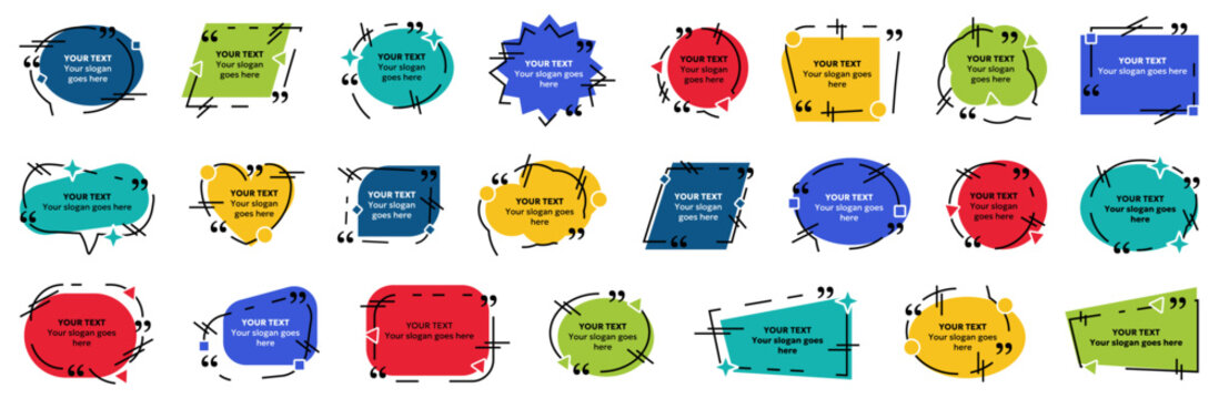 Quote speech bubble collection. Colorful text labels with decorative quotation accents. Modern communication vector elements