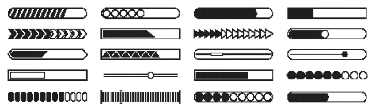 Pixel progress bar collection. Retro game loading indicators and status elements. Vector interface components in arcade style