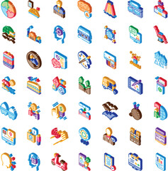 Obraz premium Isometric icons collection presenting a range of subjects including puzzles, business, human brains, architecture, healthcare, technology, art, nature, and transportation