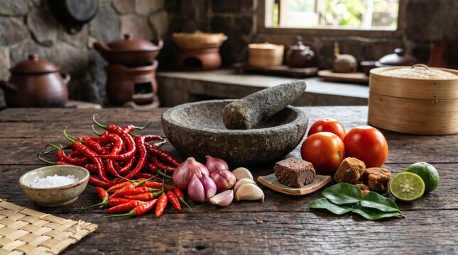 Fresh traditional ingredients for Indonesian sambal arranged beautifully on a rustic wooden table for culinary preparation.