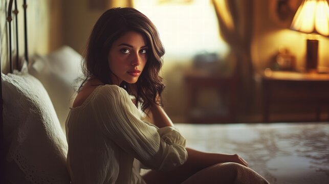beautiful woman sitting on bed in bedroom