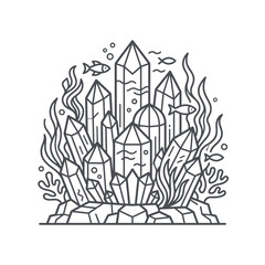 Fototapeta premium Underwater crystal formations with fish and coral line art.