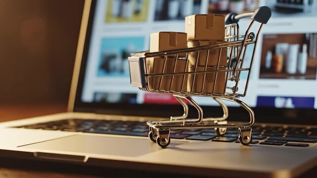Miniature shopping cart filled with cardboard boxes on a laptop keyboard illustrating online shopping
