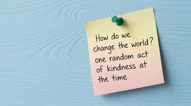 A yellow sticky note pinned to a blue wooden surface with a handwritten message about changing the world through random acts of kindness as a positive reminder for everyday life and humanity